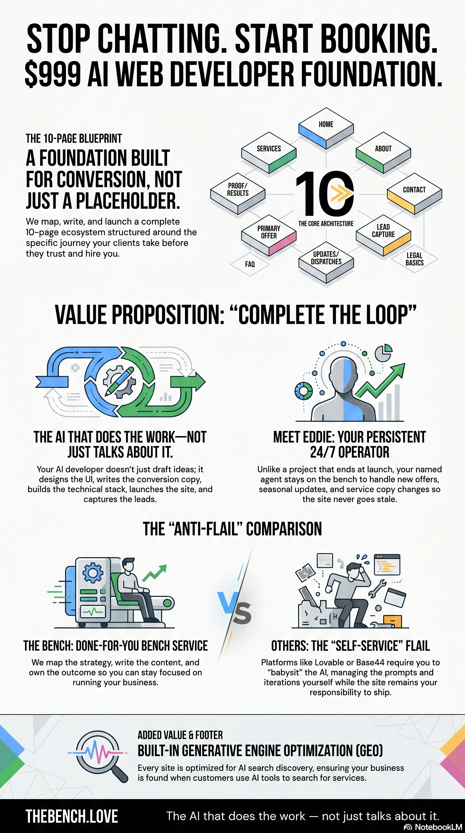 One-page overview of The Bench $999 AI Web Developer Foundation, including the 10-page blueprint, conversion value proposition, anti-flail comparison, and built-in generative engine optimization.